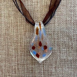 BEautiful Blue Brown Dot Dichroic Fused Glass Pendant 19" Necklace 12532‎